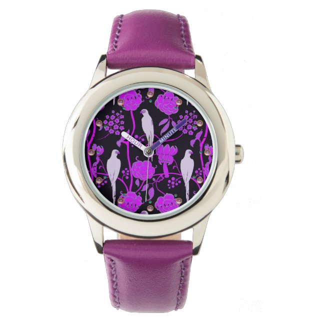 KARTDECO PURPLE FLOWERS, WITTE DELEN OP ZWART HORLOGE (Voorkant)