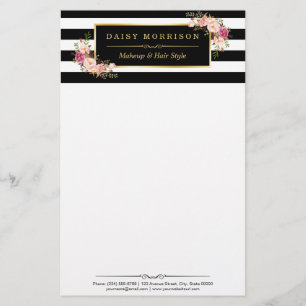  Kassy Floral Gold Black White Stripes Briefpapier