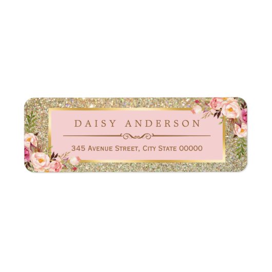 Kassy Floral Pink Gold Glitter Sparkles Etiket (Voorkant)