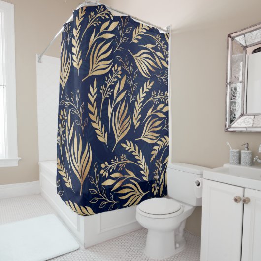 Kassy Gold Foliage Botanical Blue Design Douchegordijn (In situ)