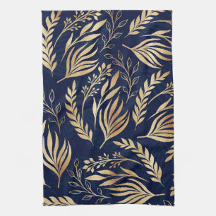 Kassy Gold Foliage Botanical Blue Design Theedoek