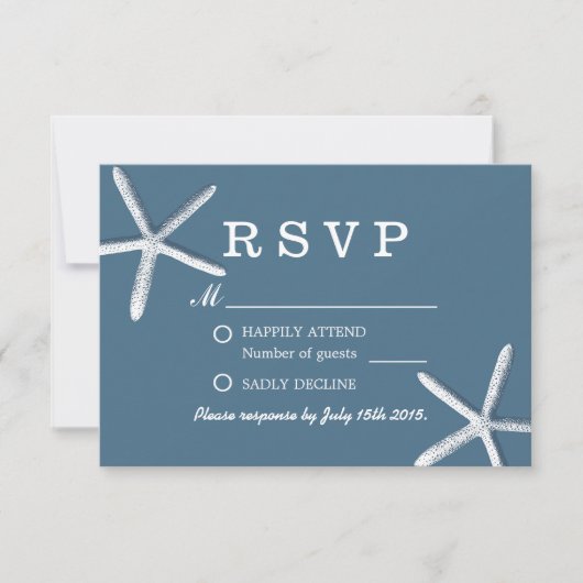 Kassy Navy Blue Starfish Beach Wedding RSVP (Voorkant)