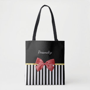 Kassy Red Bow Black en White Stripes met naam Draagtas