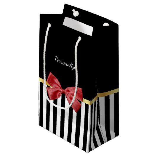 Kassy Red Bow Black en White Stripes met naam Klein Cadeauzakje (Voorkant Gekanteld)