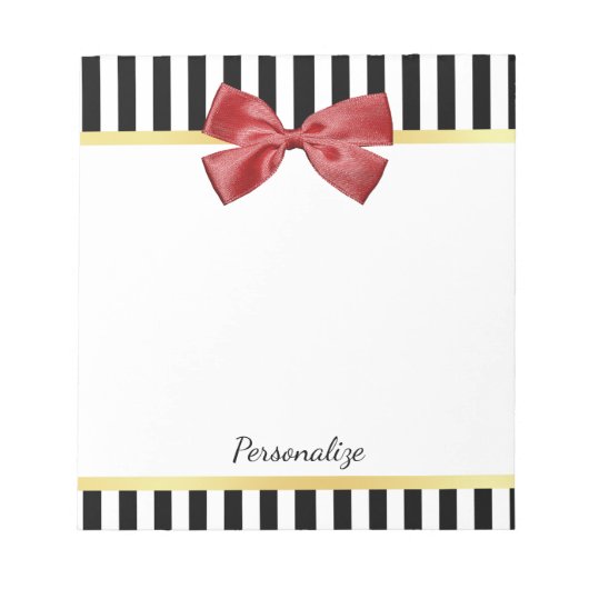 Kassy Red Bow Black en White Stripes met naam Notitieblok (Voorkant)