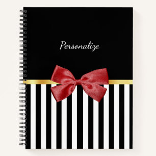 Kassy Red Bow Black en White Stripes met naam Notitieboek