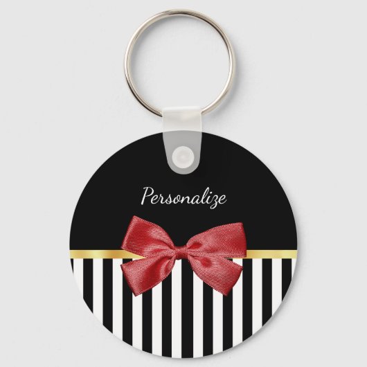 Kassy Red Bow Black en White Stripes met naam Sleutelhanger (Voorkant)