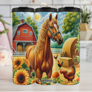 Kastanje Paard in Sunny Farmyard Thermosbeker
