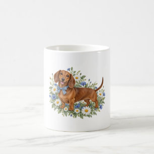 Kastanjebruine dachshund met blauwe strik en witte koffiemok