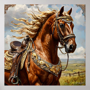 Kastanjepaard met zadel onder zonnige hemel poster