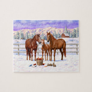Kastanjesorrel kwart paard in sneeuw legpuzzel