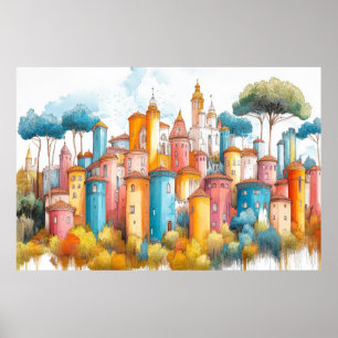 Kasteel Fortress Illustratie Pastel Kleur Tekening Poster