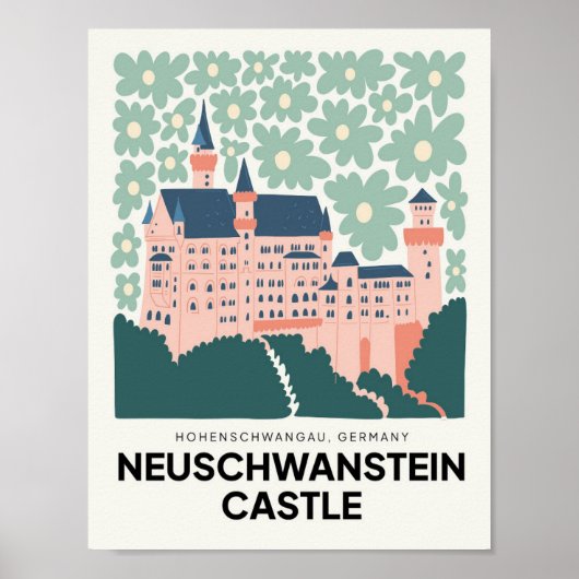 Kasteel Neuschwanstein Duitsland reizen bloemsierk Poster (Voorkant)