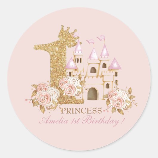 Kasteelprinses 1e verjaardag ronde sticker (Voorkant)