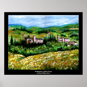 KASTELEN IN CHIANTI LANDSCHAP, GELE BLOEMVELDEN POSTER