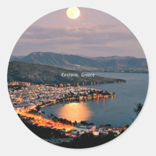 Kastoria, Griekenland (gelabeld, maanlicht, Ronde Sticker