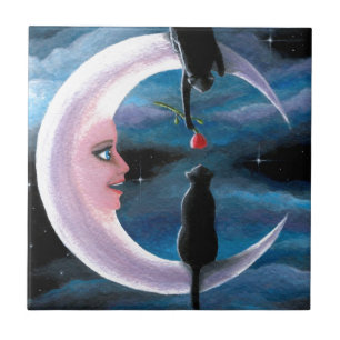 Kat 581 zwarte katten op maan tegeltje