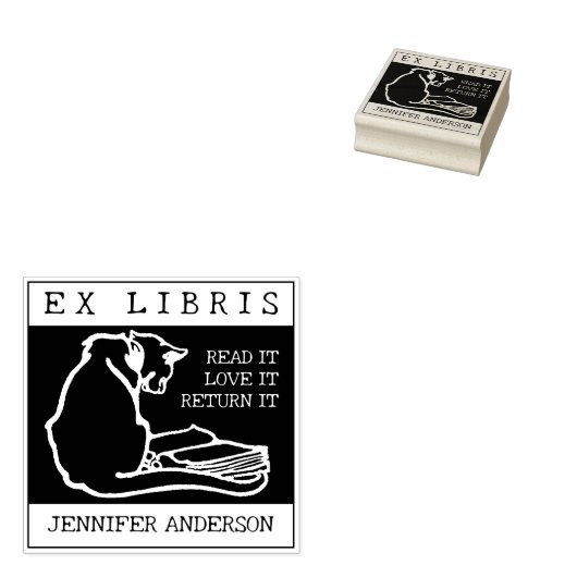 kat, aangepaste ex libris boek 	rubberstempel (Gestempeld)