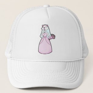 Kat als bruid met bos bloemen trucker pet