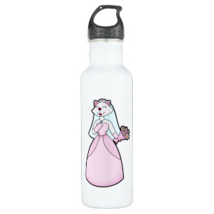 Kat als bruid met bos bloemen waterfles 