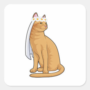 Kat als bruid met sluier vierkante sticker
