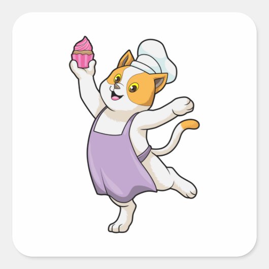 Kat als Cook met kookplatform en muffin Vierkante Sticker (Voorkant)