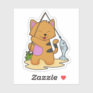 Kat als Fisher met Geviste staaf en vis Sticker