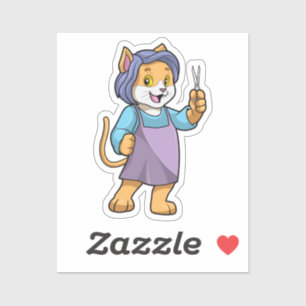 Kat als hairdresser met schaar sticker
