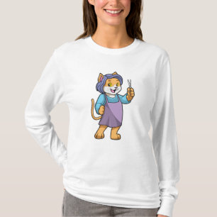 Kat als hairdresser met schaar t-shirt