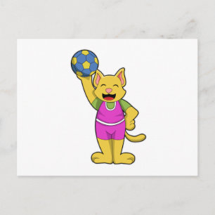 Kat als handbalspeler met handbal briefkaart
