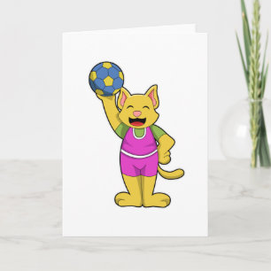 Kat als handbalspeler met handbal kaart