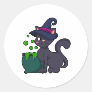 Kat als heks met Cauldron Ronde Sticker