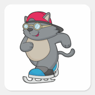 Kat als ijsschaatser met ijs-schaatsen vierkante sticker