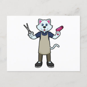 Kat als kapper met schaar en föhn briefkaart