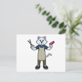 Kat als kapper met schaar & föhn briefkaart (Staand voorkant)