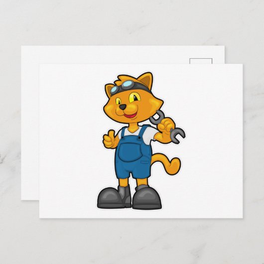 Kat als Mechanicien met sleutel Briefkaart (Voorkant / Achterkant)