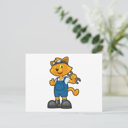 Kat als Mechanisch met Spanner Briefkaart (Staand voorkant)