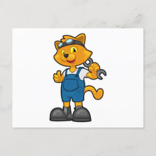 Kat als monteur met sleutel briefkaart