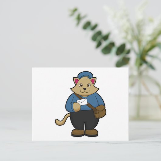 Kat als postbode met envelop & tas briefkaart (Staand voorkant)