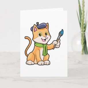 Kat als schilder met kwast & sjaal kaart