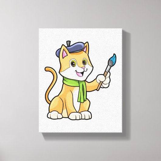 Kat als schilder met penseel en karf canvas afdruk (Voorkant)