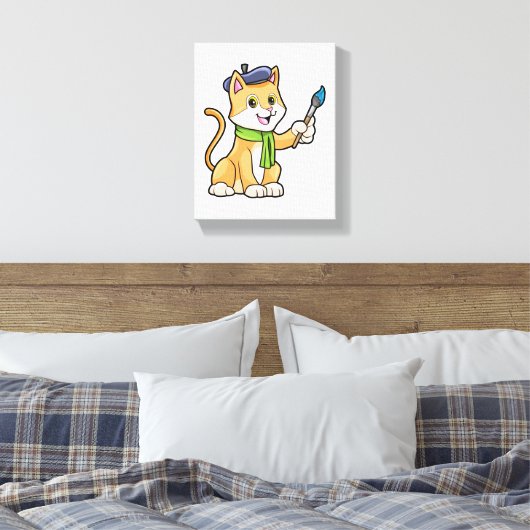 Kat als schilder met penseel en karf canvas afdruk (Insitu (Slaapkamer))