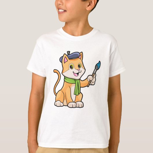 Kat als schilder met penseel en karf t-shirt (Voorkant)