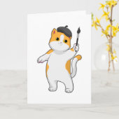 Kat als schilder met verfkwast kaart (Gele Bloem)