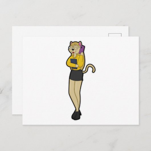 Kat als secretaresse met laptop en mobiele telefoo briefkaart (Voorkant / Achterkant)