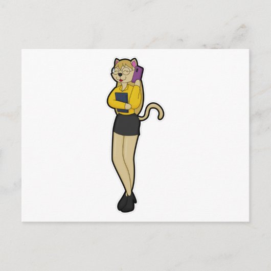 Kat als secretaresse met laptop en mobiele telefoo briefkaart (Voorkant)