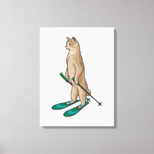 Kat als Skier met skipolen en skipolen Canvas Afdruk