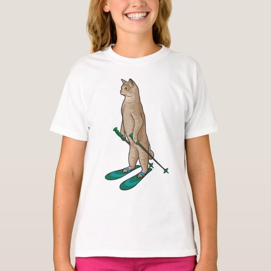 Kat als Skier met skipolen en skipolen T-shirt (Voorkant)