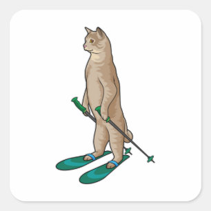 Kat als Skier met skipolen en skipolen Vierkante Sticker