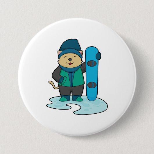 Kat als Snowboarder met Snowboard Ronde Button 7,6 Cm (Voorkant)